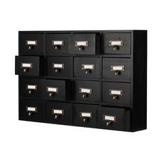 a large black cabinet with many drawers