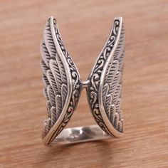 Handcrafted Sterling Silver Feathered Wings Ring - Winged Glory | NOVICA Elegant Sterling Silver Winged Rings, Elegant Winged Rings As Gifts, Elegant Winged Rings For Gifts, Elegant Adjustable Wing-shaped Jewelry, Sterling Silver Winged Rings In Silver, Bohemian Sterling Silver Butterfly Ring, Spiritual Winged Sterling Silver Jewelry, Bohemian Winged Jewelry For Gifts, Konosuba Wallpaper