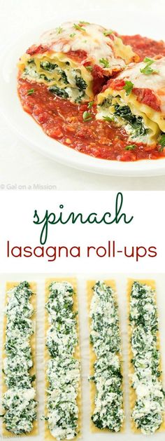 spinach lasagna roll - ups on a white plate with text overlay