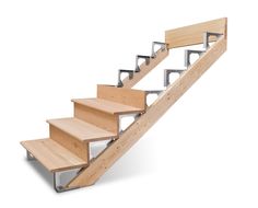 a wooden stair case with metal handrails and wood treading on the bottom