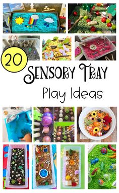 many different play ideas are shown in this collage with the words, 20 sensory tray play ideas