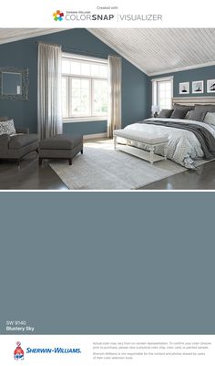 an image of a bedroom with gray walls and white carpeted flooring in the room