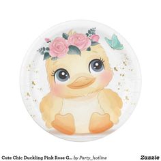 a paper plate with an image of a baby duck wearing a flower crown on it's head