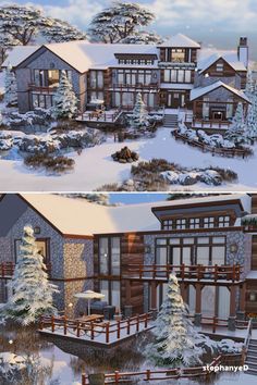 two different views of a house in the snow