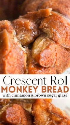 crescent roll monkey bread with cinnamon and brown sugar glaze is shown in the foreground