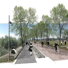 an artist's rendering of people walking and riding bikes on a path in the park