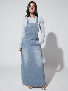 Light Wash Casual Collar Sleeveless Denim Plain Pinafore Embellished Non-Stretch  Women Clothing Jean Overall Dress, Denim Pinafore Dress, Denim Pinafore, Moda Denim, Womens Denim Dress, Denim Overall Dress, Modest Clothing, Fashion Attire, Pinafore Dress