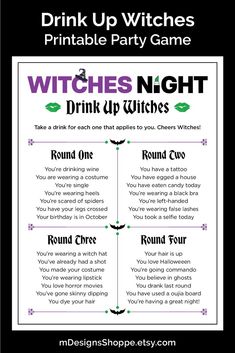 Witches Night Drink Up Witches drinking game with a purple and black heading - the letter C is wearing a witches hat and the I in night in a green lipstick in a black case. The name of the game has a green lipstick mark on either side. Girls Night Drinking Games, Halloween Girls Night, Games For Big Groups, Halloween Drinking Games, Adult Halloween Party Games, Ladies Night Games, Witches Party, Halloween Party Girls, Girls Night Drinks