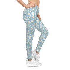 Sky Blue Daisy Women's Casual Leggings Cute Blue Summer Flower Exercise Attire Floral Spring Gym Leggings Light Blue Morning Yoga Pants - All Over Prints - Kristine Celestine White Flower Print, Light Blue Fabric, Casual Leggings, Daisy Design, Workout Attire, Blue Daisy, Stay Calm, Leggings Casual, Morning Yoga