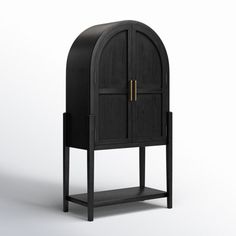 a black wooden cabinet with an arched door