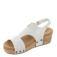 PRICES MAY VARY. {''bullet_point'':[{''language_tag'':''en_US'',''value'':''Faux leather upper''},{''language_tag'':''en_US'',''value'':''Slip on entry with adjustable closure''},{''language_tag'':''en_US'',''value'':''Cork midsole''},{''language_tag'':''en_US'',''value'':''Synthetic outsole''},{''language_tag'':''en_US'',''value'':''Water resistance level : not water resistant''}]} Velcro back closure Open toe Faux leather top *Casual sandal from Corkys *Hooded upper *Slingback strap with hook- Faux Leather Top, Casual Sandals, Top Casual, Leather Top, Wedge Heels, Open Toe, Cork, Slides, Leather Upper