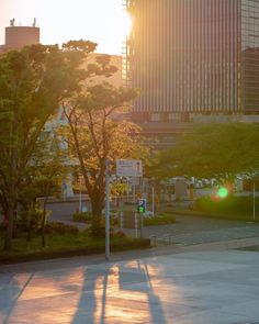 the sun shines brightly through the trees in front of some tall buildings on a city street