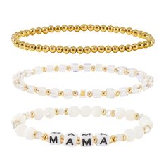 PRICES MAY VARY. 【Gold Crystal Bracelets Set】mama bracelet is a stunning addition to any woman's jewelry collection. dainty gold beaded bracelet is delicately adorned with sparkling crystals and natural stone beads, creating a luxurious and sophisticated look. This beaded bracelets set comes with three separate pieces that can be worn together or separately, making it versatile and perfect for any occasion 【Hypoallergenic】14k REAL gold plated, we make our bracelets lead-free, nickel-free to prot Gold Stackable Beaded Bracelets For Mother's Day, Elegant Beaded Bracelets With Letter Beads For Mother's Day, Hand-strung Round Beads Jewelry For Mother's Day, White Beaded Jewelry For Mother's Day, Elegant Mother's Day Beaded Bracelets With Letter Beads, Mother's Day Colorful Beads Bracelet Jewelry, Mother's Day White Beaded Jewelry, Mother's Day Colorful Beads Bracelet, Mother's Day Colorful Beaded Bracelet