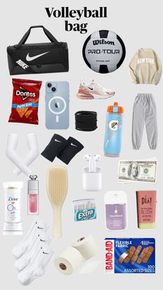 various items are arranged in the shape of a collage with words that read volleyball bag