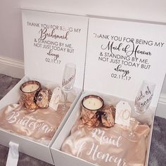 two personalized wedding gift boxes with candles and napkins on the inside one is for bride and groom