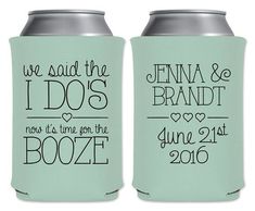 two wedding can coolers with names and date printed on the front, one is light blue