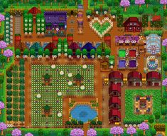 an aerial view of a farm with lots of trees and flowers in the yard area