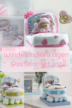 there are many baby items on display in this room with the words windel undenwagen bastenleining