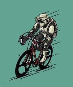 a man riding a bike on top of a green background with an image of a storm trooper