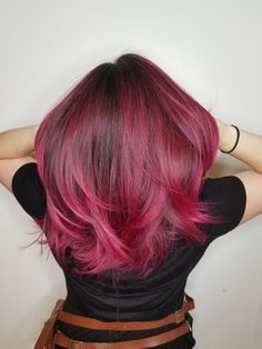 Magenta Hair Dark Roots, Dark Muted Pink Hair, Dark Roots Pink Hair Balayage, Redish Pink Hair, Pink Hair Dark Roots, Deep Pink Hair, Pink Hair Dark, Pink Peekaboo Hair, Ruby Roundhouse