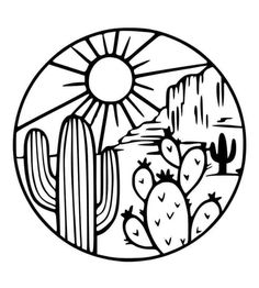 a black and white drawing of a cactus in the desert