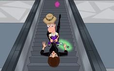 a cartoon character is sitting on an escalator with her legs crossed and one hand in the air