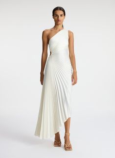 Delfina Satin Pleated Dress Asymmetrical Silhouette Dress, Pleated One Shoulder Dress, Textured White Dress, Revolve White Dress, Unique White Dresses, Rehearsal Dinner Bride Dress, Pleated White Dress, White Gala Dresses, White Evening Dress Elegant