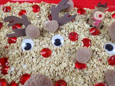 some reindeer made out of oatmeal with eyes and nose