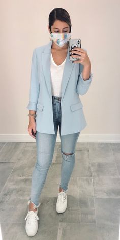 Sky Blue Jacket Outfit Women, Powder Blue Blazer Outfit, Sky Blue Blazer Outfit, Sky Blue Tshirt Outfit Women, Baby Blue Jacket Outfit, Baby Blue Blazer Outfits For Women, Light Blue Blazer Outfits For Women Work, Sky Blue Blazer Women Outfit, Blue Business Casual Outfits