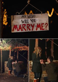 two people standing in front of a sign that says, my wish will you marry me?