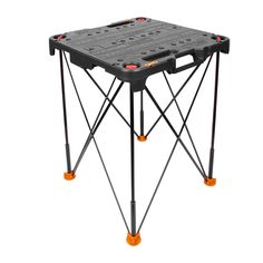 the portable folding table with wheels is shown in black and orange colors on an isolated white background