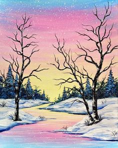 an acrylic painting of trees in the snow at night with pink and blue sky