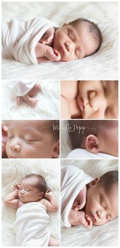 a collage of photos showing different stages of sleeping baby's head and hands