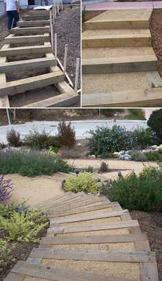 steps made out of wooden boards are shown in three different pictures, one is empty and the other has plants growing on it