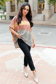 The Weekend Wonder Top is going to be your new favorite oversized tee! This adorable striped top features a dolman sleeve with a cuff at the elbow. This soft top pairs perfectly with jeans or leggings.Lightweight + Soft MaterialDolman Sleeves + High-Low Hem 65% Polyester, 32% Rayon, 3% SpandexWash Cold, Hang Dry Oversized Fit*Measurements listed below are of the actual clothing item* S: Chest 64" Length 23"M: Chest 65" Length 23"L: Chest 66" Length 24"1XL: Chest 68" Length 25"2XL: Chest 70" Leng Boutique Trends, Judy Blue Jeans, Oversized Top, Soft Tops, Oversized Tee, High Low Hem, Dolman Sleeve, S Models, Cut And Style