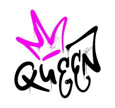 the word queen written in black and pink ink on a white background with spray paint