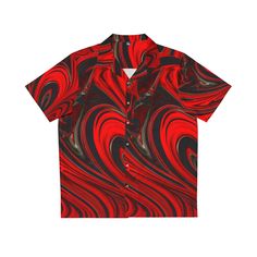 Step into a bold fashion statement with our Men's Raging Heart Hawaiian Shirt. This unique shirt is crafted from a blend of 95% polyester and 5% spandex, providing a comfortable fit and a medium-weight feel. The design features a vibrant, psychedelic-themed Raging Heart print that effortlessly captures the spirit of a Hawaiian vacation on red. It's complete with a full-button front for easy wear and versatility. Whether you're heading to a beach party or a casual day out, this shirt is sure to m Black Printed Short Sleeve Shirt With Relaxed Fit, Black Printed Short Sleeve Shirt Relaxed Fit, Modern Fitted Printed Tops, Fitted Black Shirt With All Over Print, Fitted Collared Top With Abstract Print, Casual Fitted Camp Shirt With All Over Print, Fitted Black Short Sleeve Shirt With Graphic Print, Fitted Collared Shirt With All Over Print, Fitted Collared Short Sleeve Shirt With Graphic Print