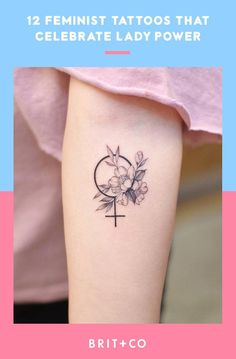 a woman's arm with a tattoo on it and flowers in the middle of her arm