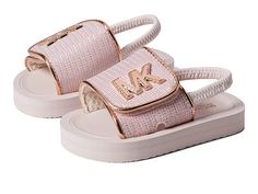 MICHAEL Michael Kors Kids Eli Rylee (Toddler) - Girl's Shoes : Pink/Rose Gold : Let your little one stroll down the street in comfort and style wearing the MICHAEL Michael Kors Kids Eli Rylee sandals. Textile and synthetic upper with signature hardware detailing. Breathable textile lining. Open round toe silhouette. Easy slip-on style. Backstrap for added support. Hook-and-loop closure on the vamp strap. Synthetic outsole. Imported. Measurements: Weight: 1.23 oz Product measurements were taken u Baby Footwear, Louis Vuitton Sandals, Toddler Wearing, Michael Kors Sandals, Michael Kors Fashion, Baby Fits, Toddler Girl Shoes, Swag Outfits For Girls