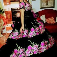 Colorful Chiapas Style Dress. Custom-made Hand Embroidered | Etsy Chiapas Dress, Black Mid Dress, Mexican Fiesta Dresses, Embroidery Wedding Dress, Wedding Dress Floral, Mexican Lace, Traditional Mexican Dress, Mexican Wedding Dress, Mexican Embroidered Dress