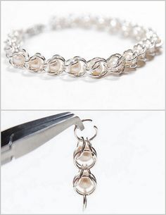 two pictures of silver bracelets with pearls and scissors