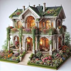 a doll house with lots of flowers and greenery on the front, side and top floors