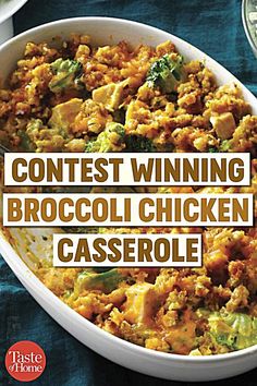 broccoli chicken casserole in a white bowl with the title contest winner