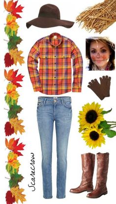 a collage of fall items including jeans, plaid shirt and sunflower with cowboy boots