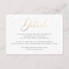 a white and gold wedding details card with the word details written on it in gold foil