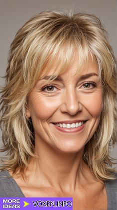 Shabby Haircut, Shoulder Length Hair With Bangs Over 50, Layered Hair For Fine Hair, Gray Hair Styles For Women Over 50, Shaggy Bangs Medium, Medium Hairstyles For Women Over 50, Reba Mcentire Hairstyles, Very Layered Hair Medium Over 50, Feathered Layered Hairstyles