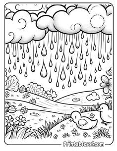 a coloring page with rain and flowers