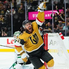 a hockey player is celebrating his goalie's win over the green bay packers