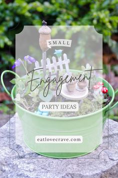 a green pot filled with plants and mushrooms on top of a stone slab that says small engagement party ideas