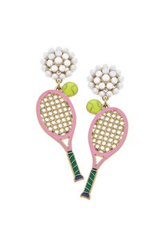 two tennis racquets with pearls on them are hanging from the earring